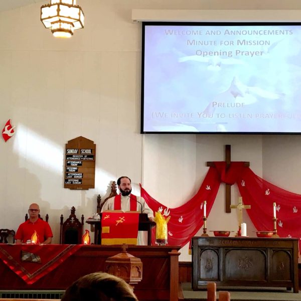 Pentecost decorations during sermon